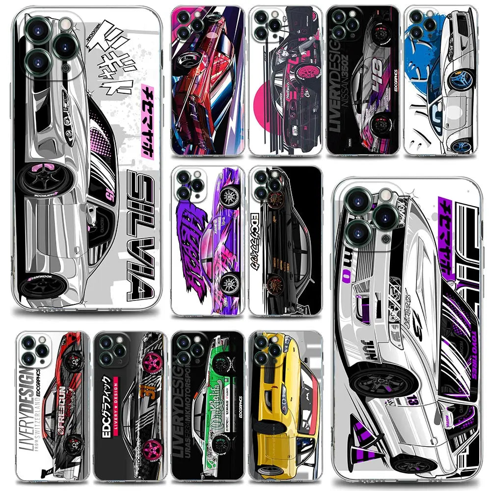 JDM racing phone cases featuring colorful Japanese tuner car artwork and modified sports car designs