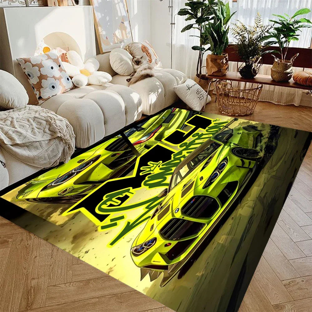 supercar racing area rug featuring multiple red sports cars on a black background in a modern living room