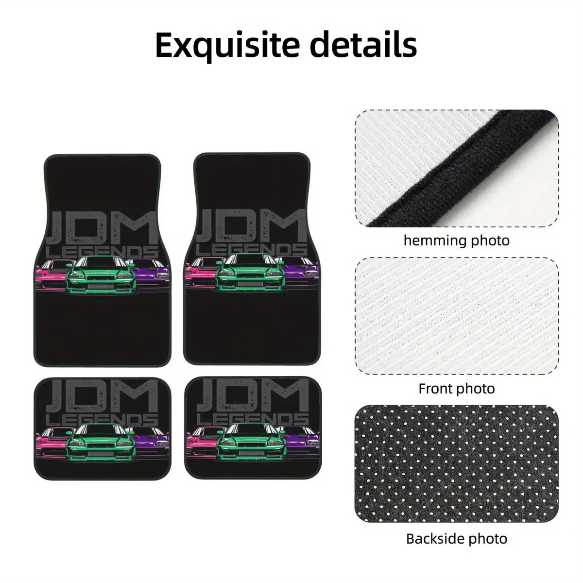 JDM Legends car floor mats featuring colorful Japanese sports cars on a black background inside a vehicle interior