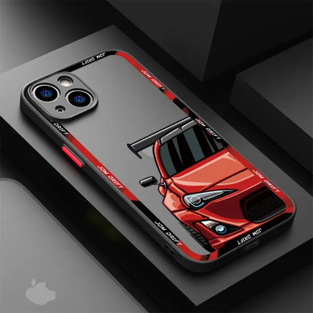 JDM racing phone cases featuring modified blue and purple sports car artwork with motorsport styling
