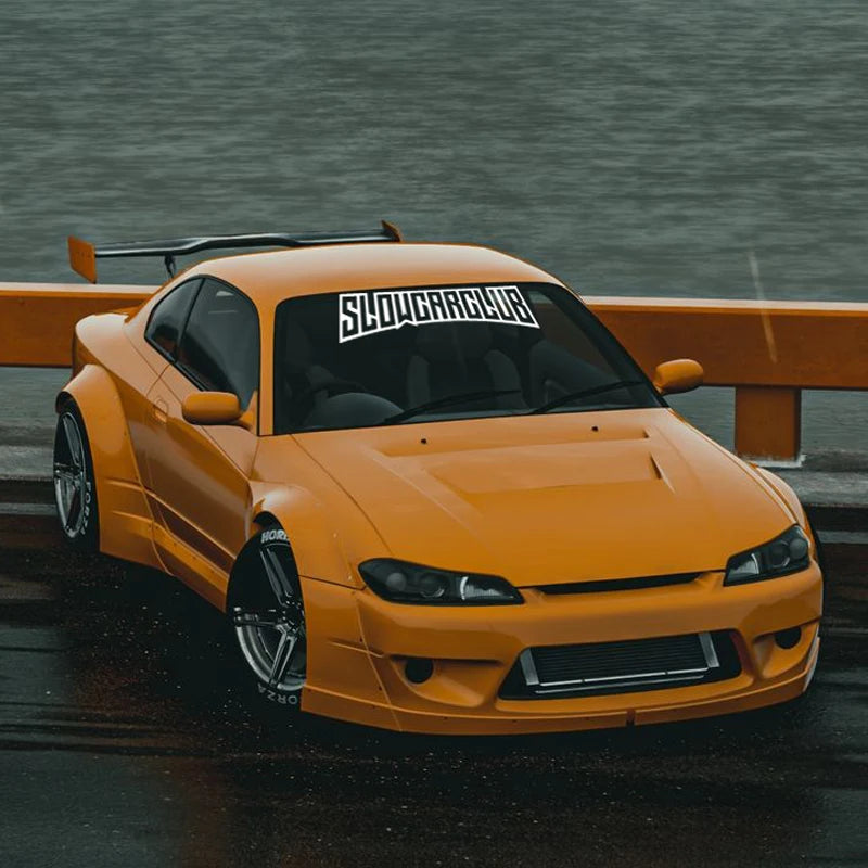  SHOWCAR windshield sticker on a modified white car