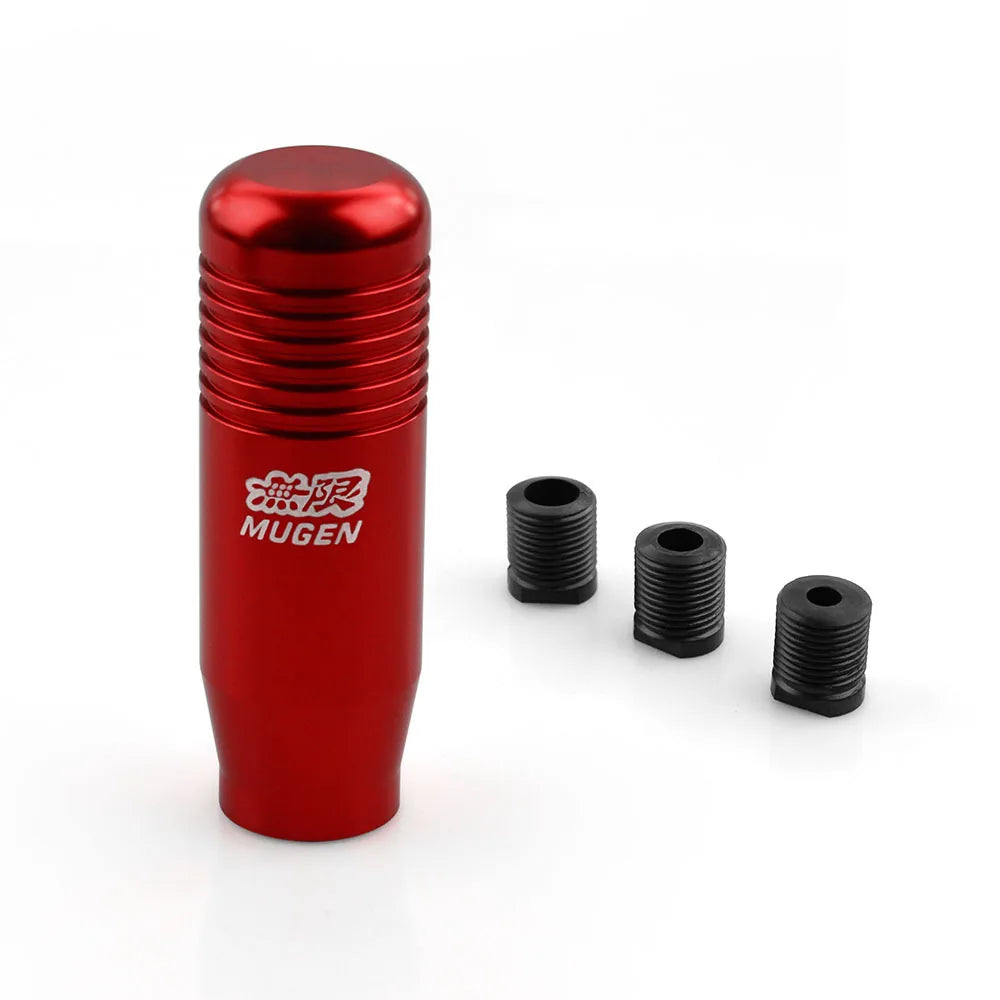 Mugen style JDM manual shift knobs in red, black, silver, blue, and rainbow finishes