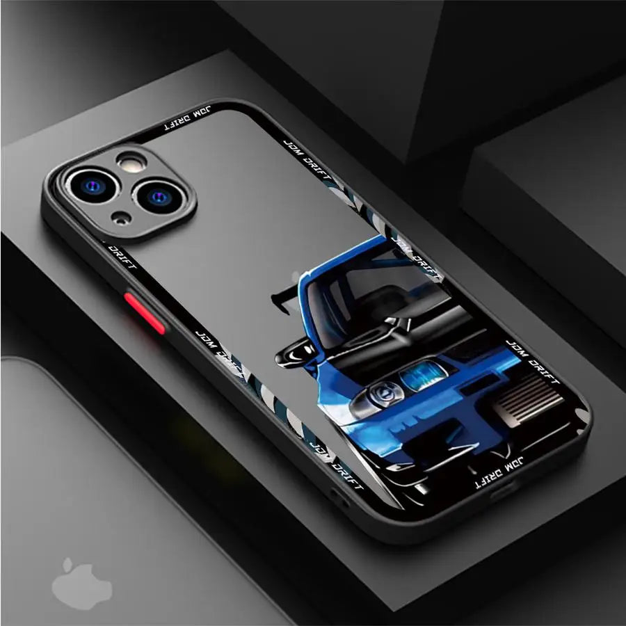 JDM racing phone cases featuring modified blue and purple sports car artwork with motorsport styling