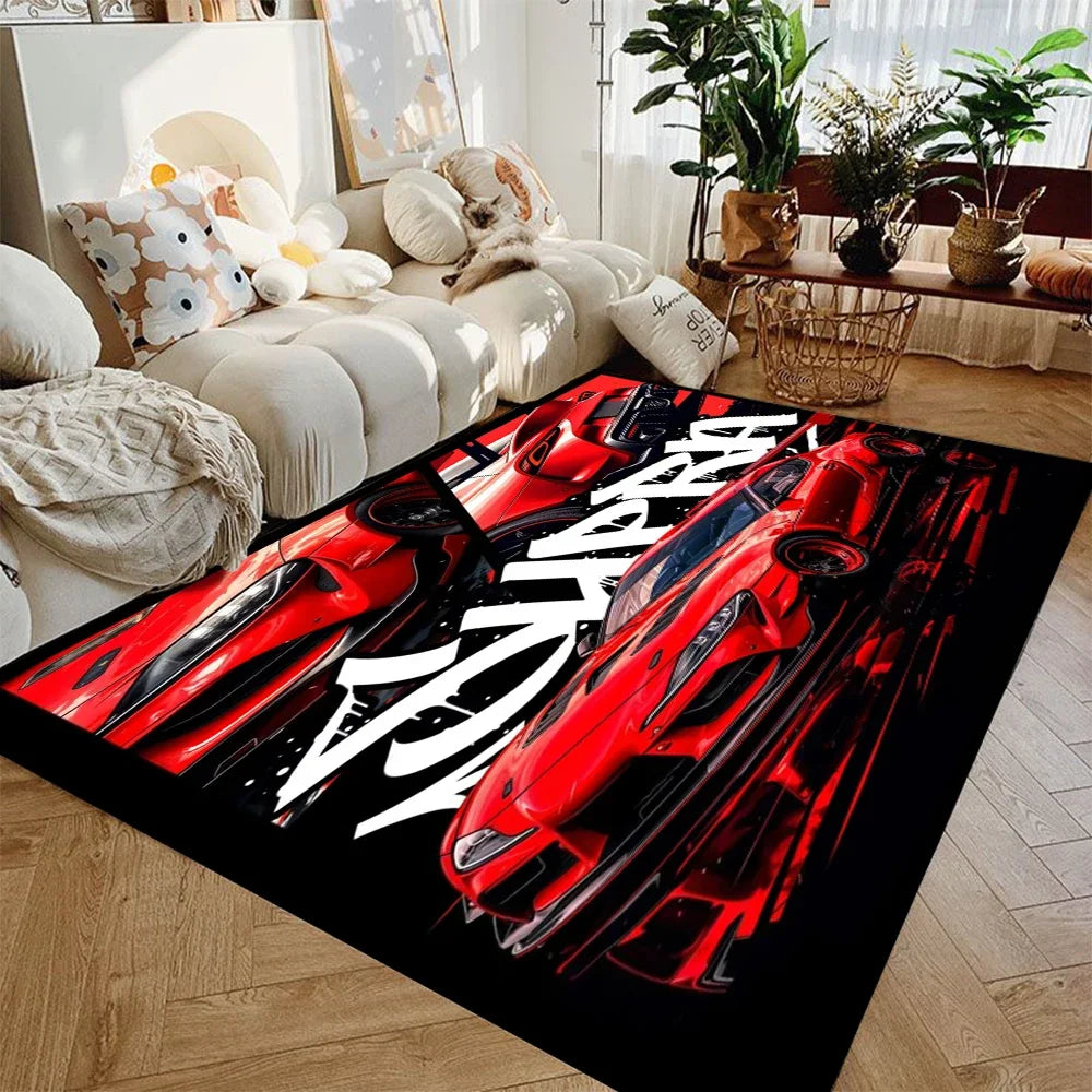 Red supercar racing area rug featuring multiple red sports cars on a black background in a modern living room