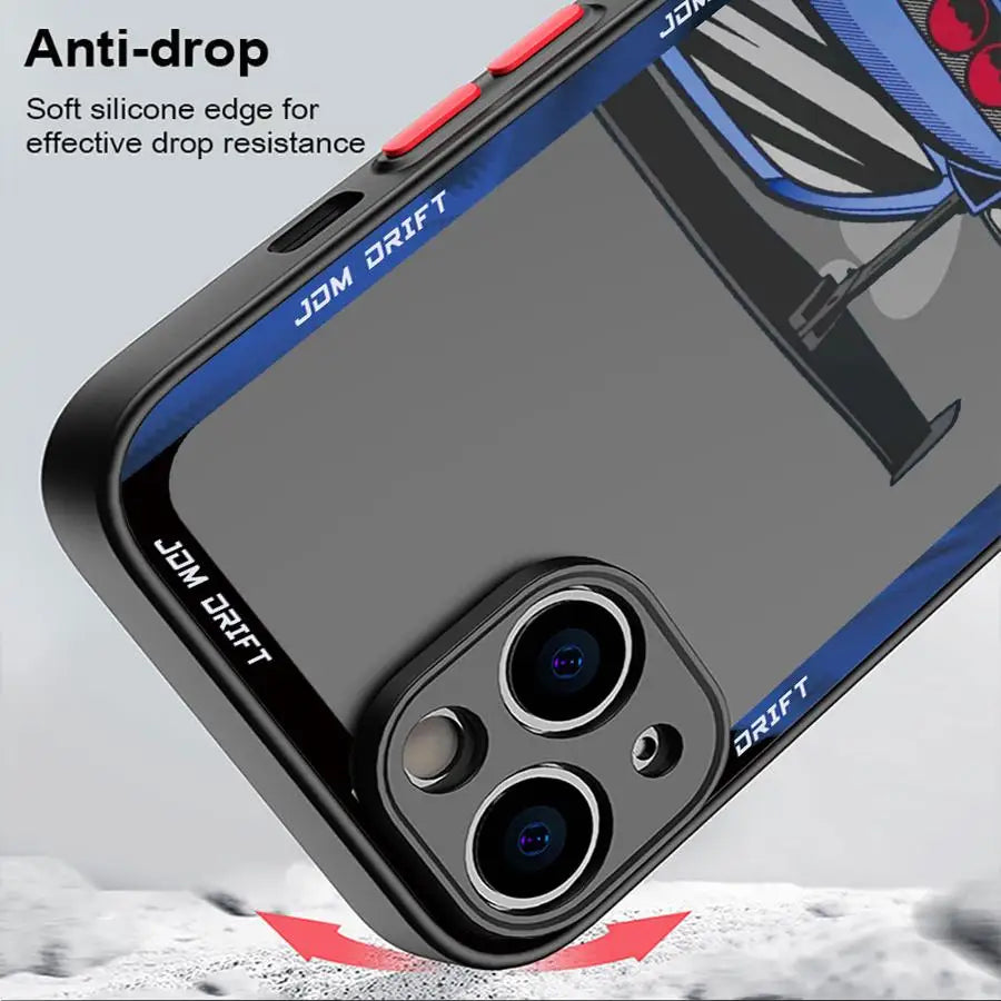 JDM racing phone cases featuring modified blue and purple sports car artwork with motorsport styling