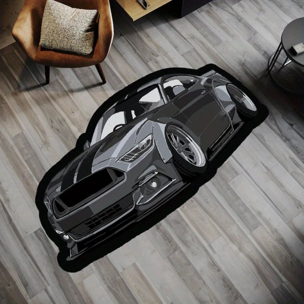 Gray 3D sports car area rug featuring a detailed performance car design on a modern wood floor
