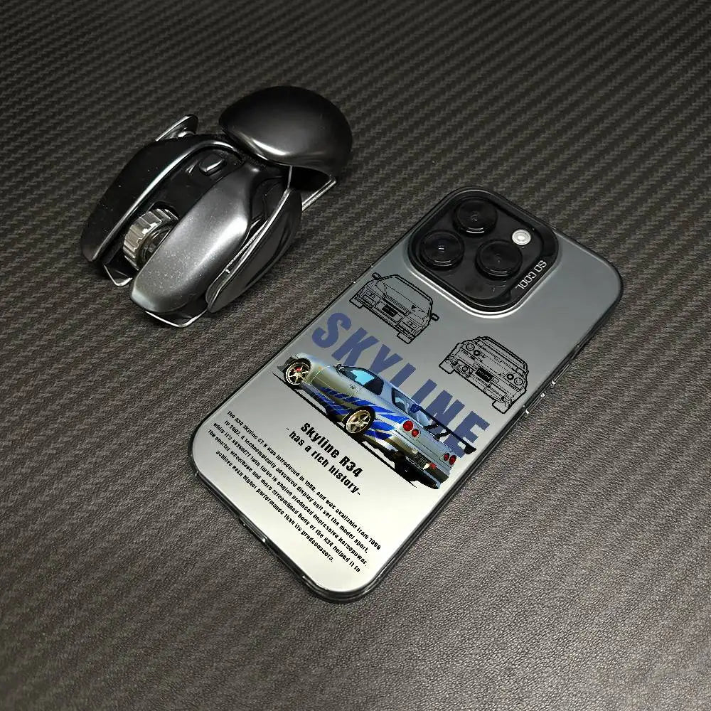 Nissan Skyline R34 phone cases featuring blue and purple JDM car artwork, technical illustrations, and automotive photography
