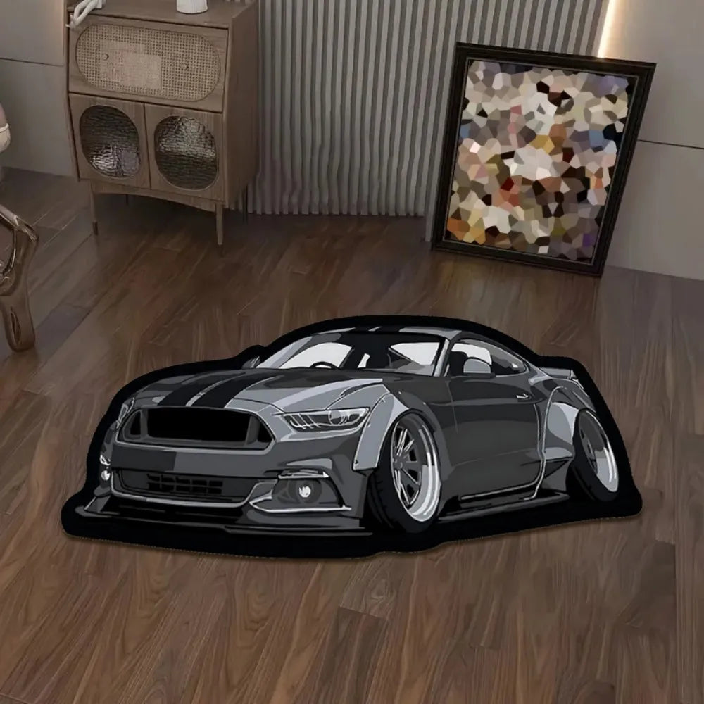 Gray 3D sports car area rug featuring a detailed performance car design on a modern wood floor