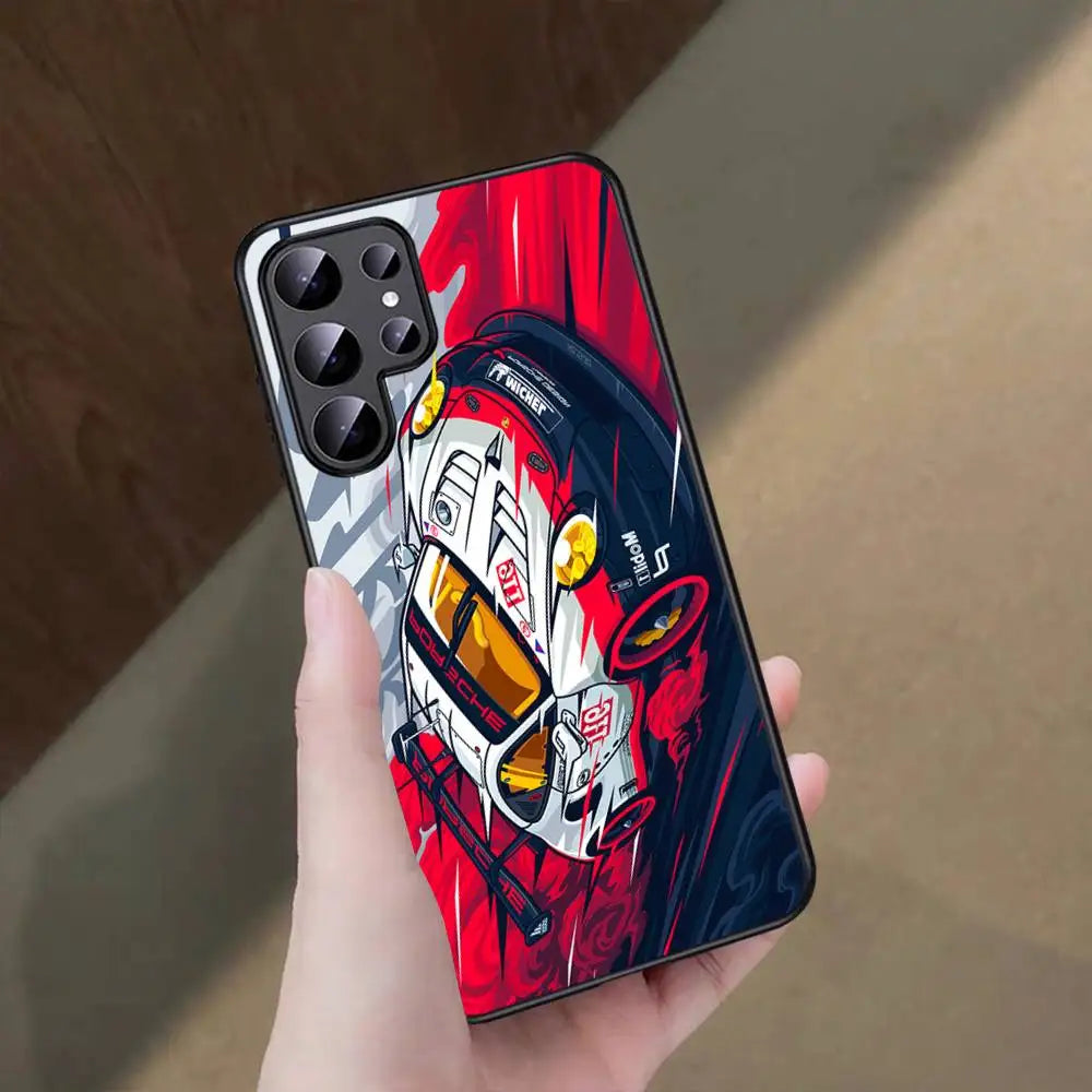JDM-inspired sports car phone cases featuring colorful blue and pink racing artwork