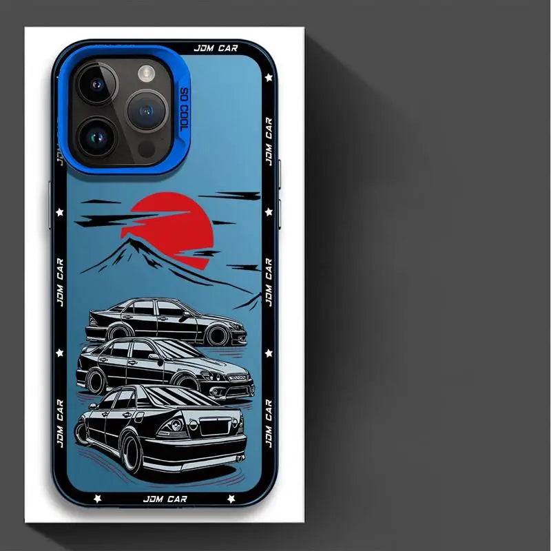 JDM phone cases featuring Japanese tuner car artwork with Skyline, Silvia, and Lancer-inspired designs