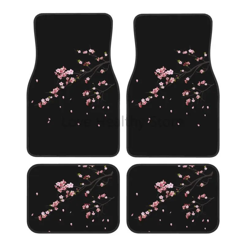 Black car floor mats with pink Japanese cherry blossom sakura design, front and rear set