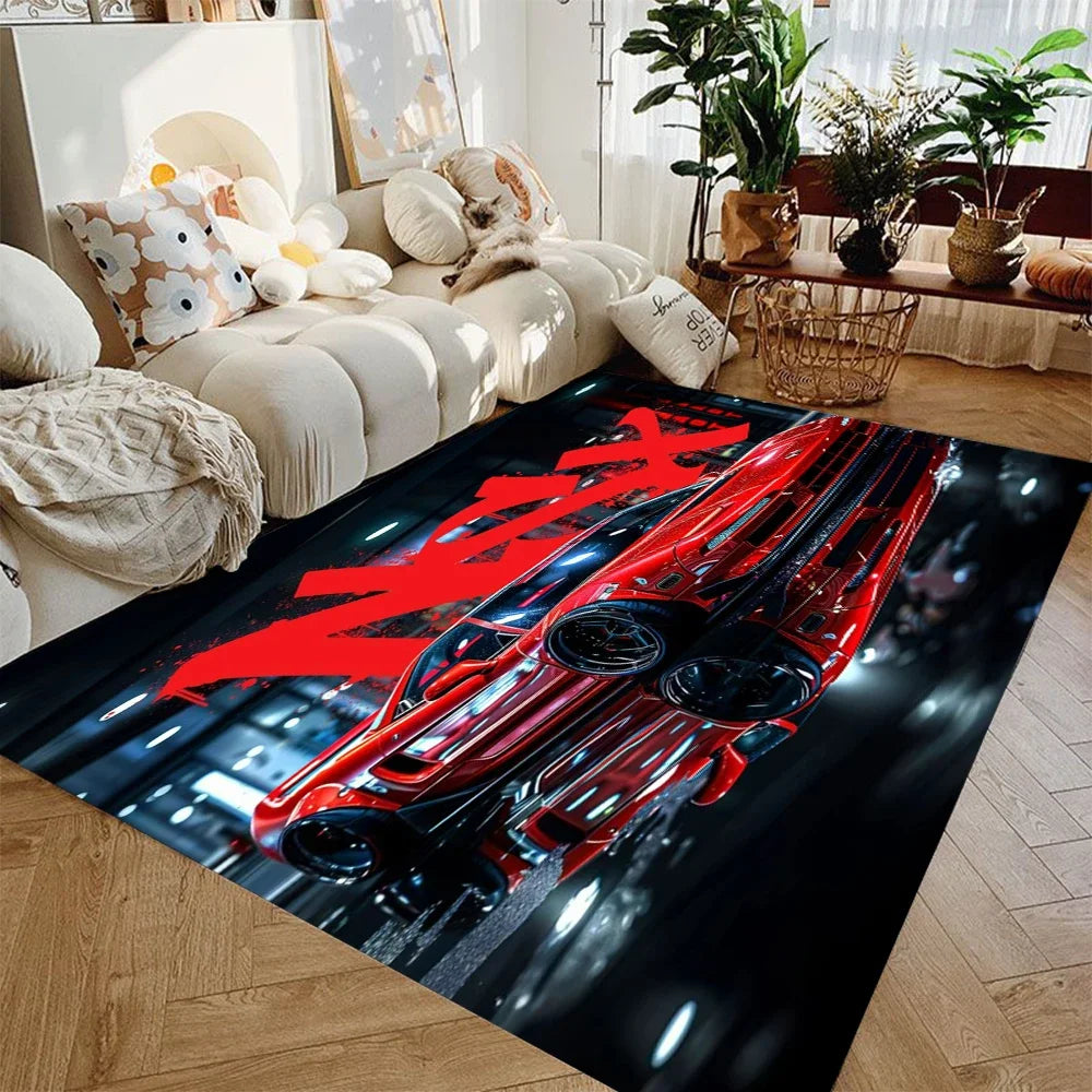 supercar racing area rug featuring multiple red sports cars on a black background in a modern living room