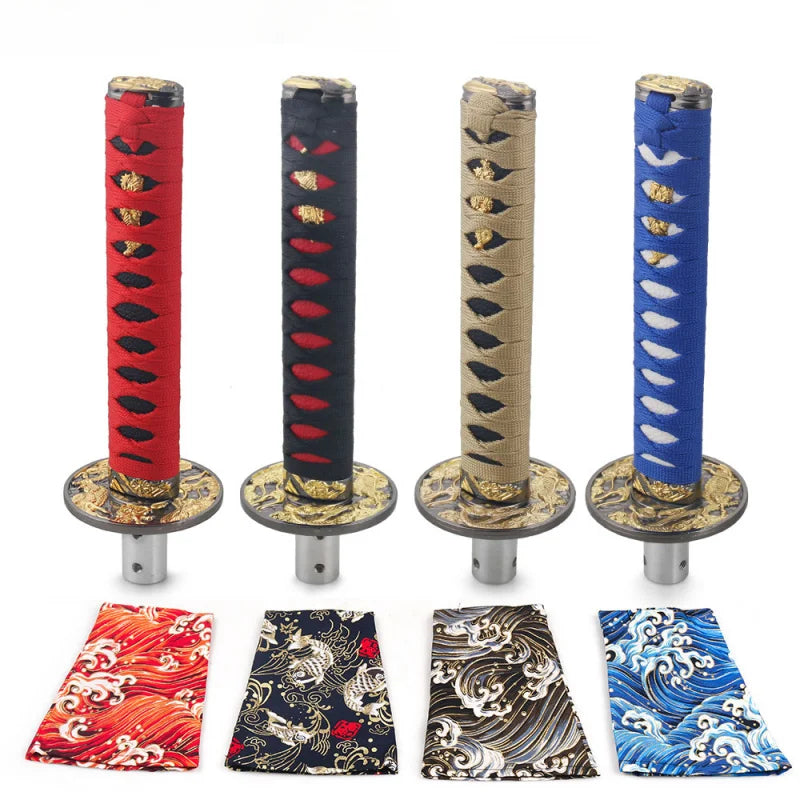 Japanese katana style manual shift knobs with wrapped handles in red black beige and blue