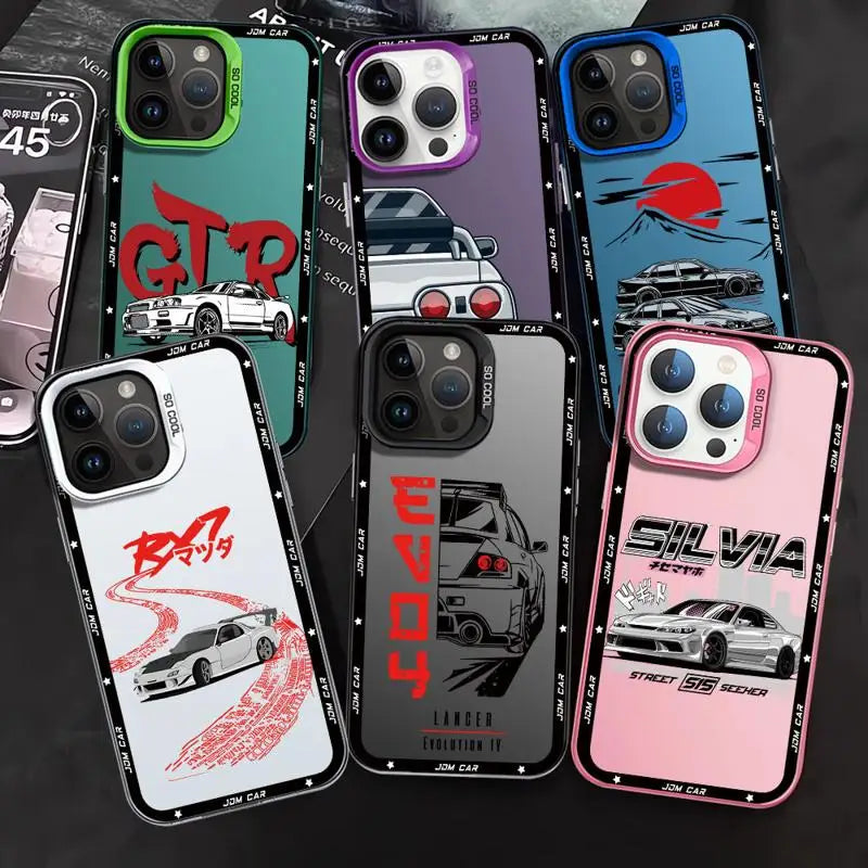 JDM phone cases featuring Japanese tuner car artwork with Skyline, Silvia, and Lancer-inspired designs