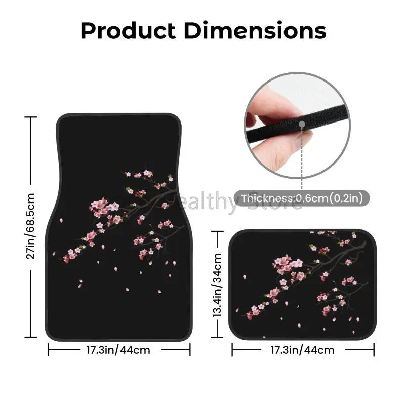 Black car floor mats with pink Japanese cherry blossom sakura design, front and rear set
