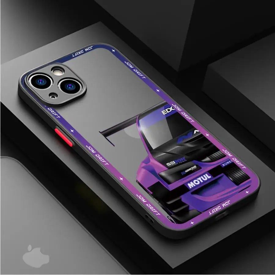 JDM racing phone cases featuring modified blue and purple sports car artwork with motorsport styling