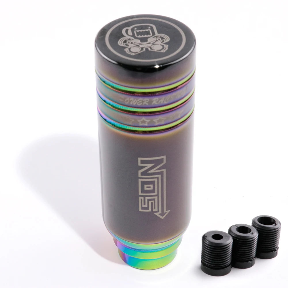 JDM racing manual shift knobs in black, chrome, and rainbow finishes with engraved graphics