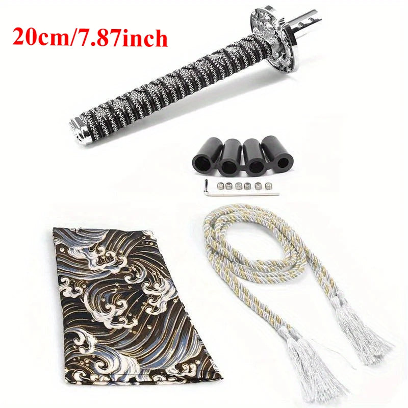 Samurai katana style manual shift knob with wrapped black and red grip installed in a car interior