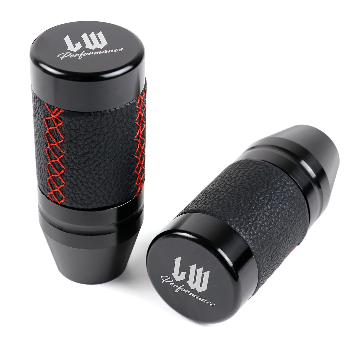 Black leather-style JDM manual shift knob with red stitching and performance design