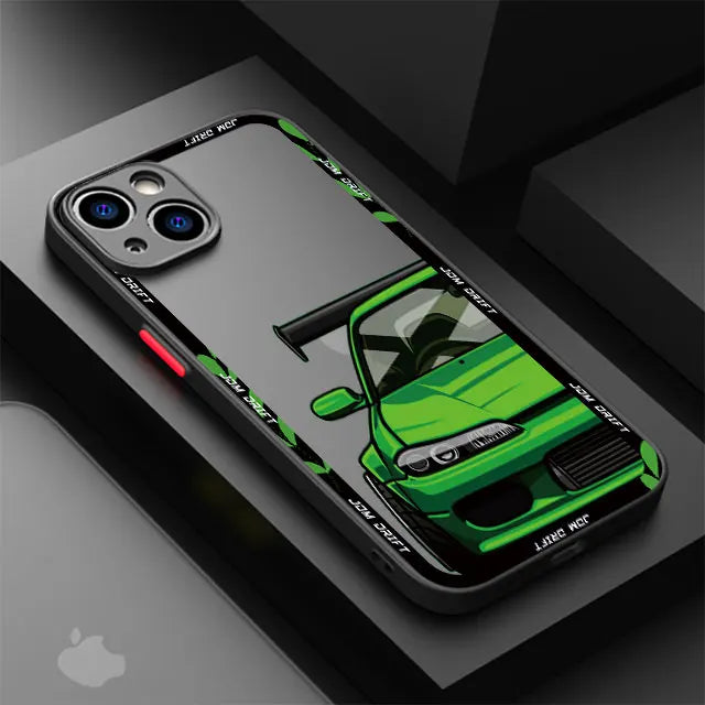 JDM racing phone cases featuring modified blue and purple sports car artwork with motorsport styling