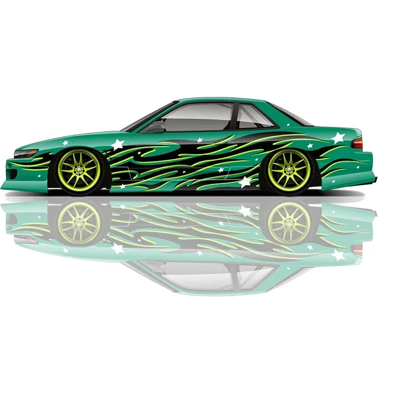 Premium Universal Drift Car Liveries Flame Streaks featuring bold flame graphics, racing decals, and JDM-inspired wrap artwork for drift cars, tuner builds, track cars, and show vehicles.