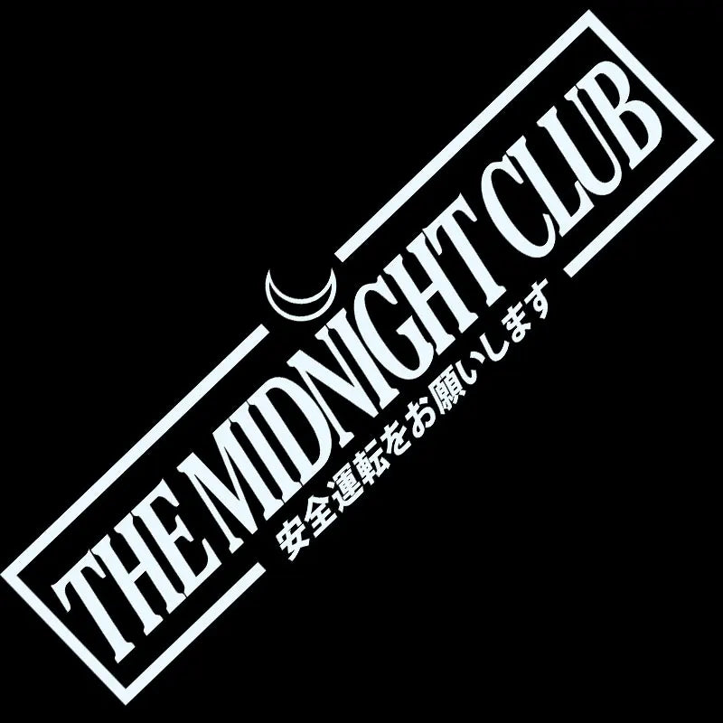  Midnight Club windshield sticker with crescent moon and Japanese text on a sports car