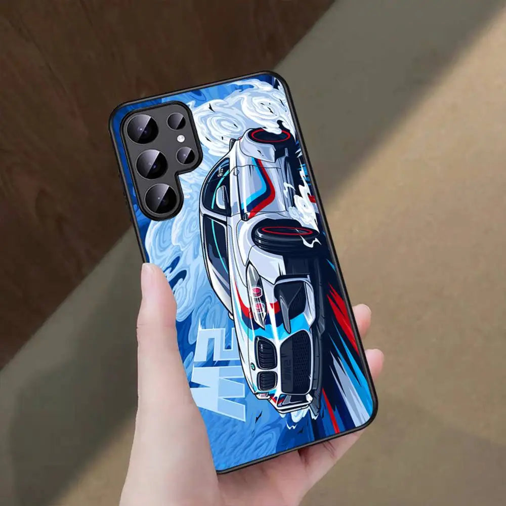 JDM-inspired sports car phone cases featuring colorful blue and pink racing artwork