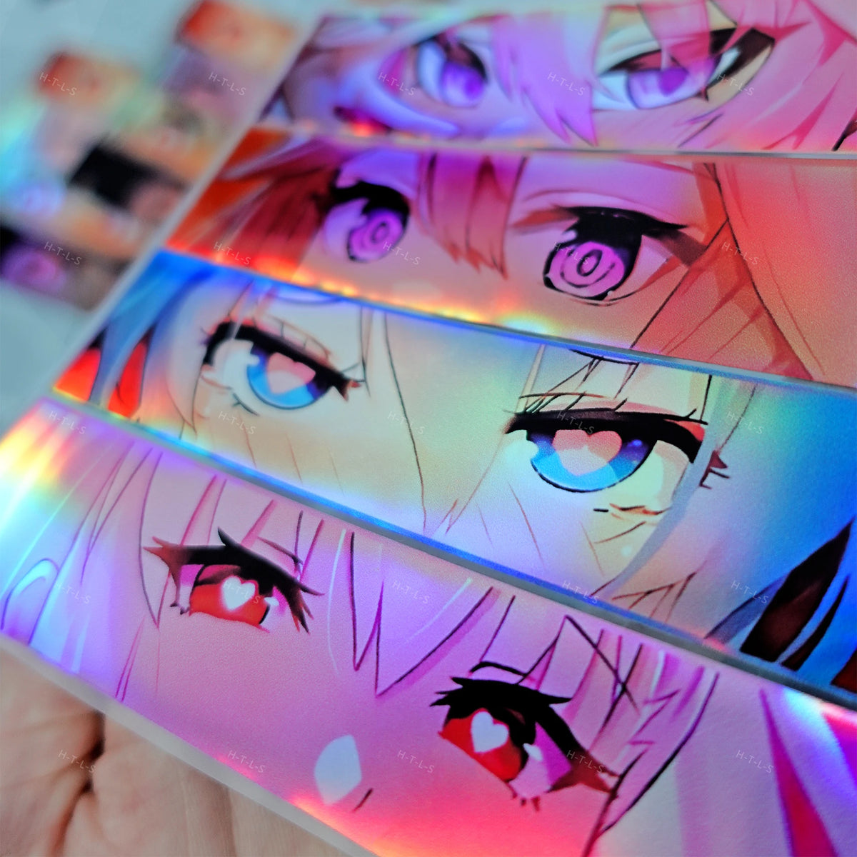 Holographic anime eyes featuring detailed Japanese anime artwork
