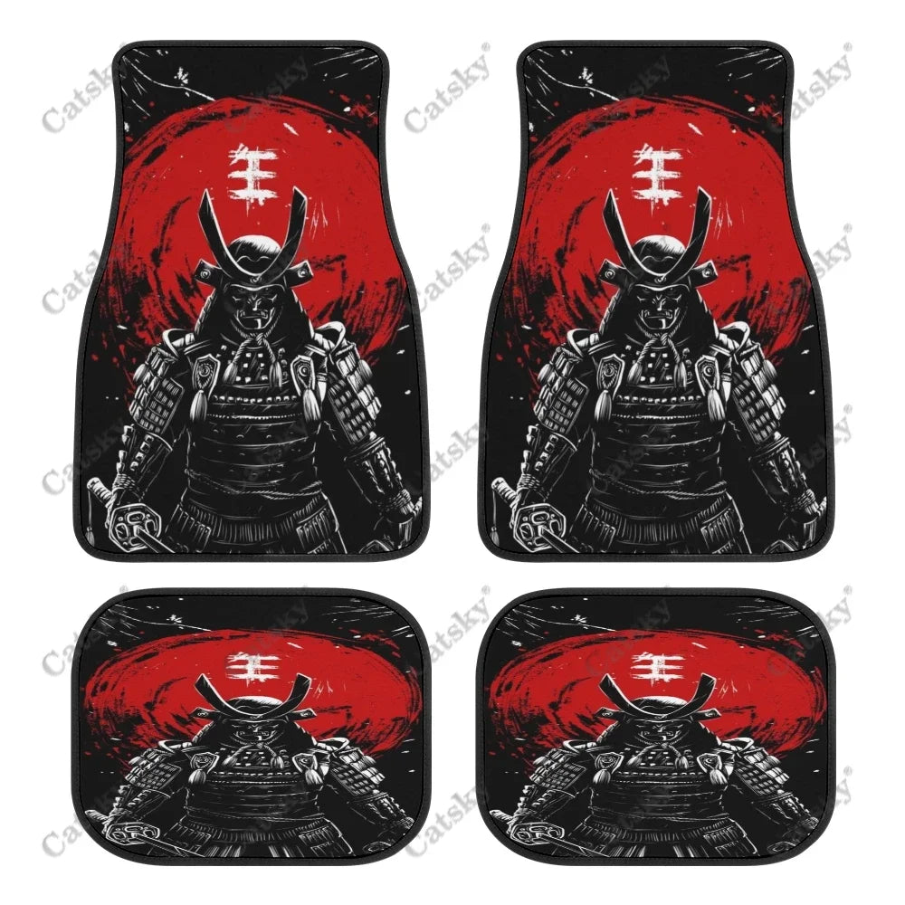 Black car floor mats featuring a bold red and white Japanese samurai warrior design, front and rear set