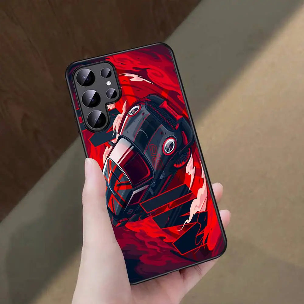 JDM-inspired sports car phone cases featuring colorful blue and pink racing artwork