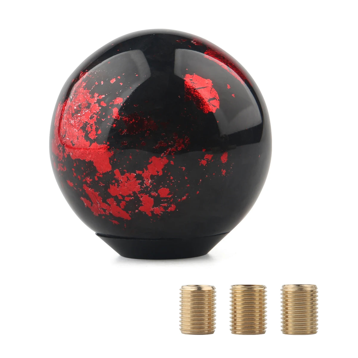 Black resin JDM shift knobs with metallic gold and red accents in round and ergonomic shapes