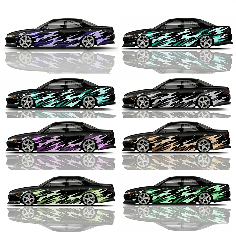Universal Drift Car Livery Flames and Stars featuring aggressive flame graphics, star accents, racing decals, and custom drift car wrap artwork